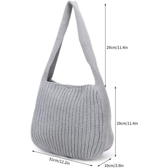 Women's Grey Shoulder Handbags Crocheted Bags Large Knit Bag Tote Bag - Picture 2 of 9